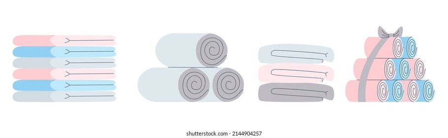 Bath towel set. Flat stack, roll, slide of textile rags for home and body care. Flat vector illustration. Eps10
