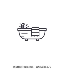 bath with a towel vector line icon, sign, illustration on background, editable strokes