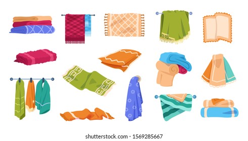 Bath towels. Beach and spa soft cotton towels in stack and rolled, hygiene and kitchen textile clothing for hands. Vector set colorful towel collection in stack or hanging on hangers