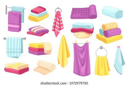 Bath towels. Cartoon folded towel, hanging cloth, rolled fabric. Kitchen or bathroom textile, cotton clothing materials isolated vector set for face, hands and body. Spa and hotel accessories