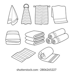 Bath towels outline doodle set collection for kitchen, line art style, cartoon soft and fluffy, illustration of hanging cotton towl beach, stack, Folded Towel bath hygiene, bathroom textile, vector