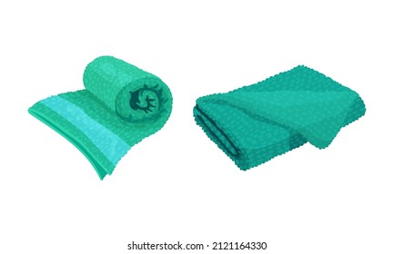 Bath towels set. Blue soft folded cloth for wiping vector illustration