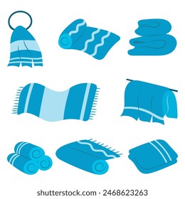 Bath towels set. Fabric towel hanging on a ring, folded blue fabric towels, folded towels. Textiles for the bathroom. Hand drawn vector illustration in cartoon style, eps 10