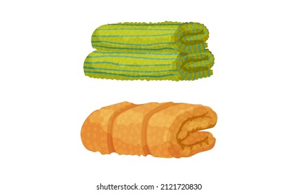 Bath towels set. Green and orange soft textile cloth for wiping vector illustration