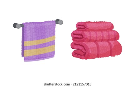 Toallas de baño. Tela textil blanda para limpiar la pared y tumbarse en la ilustración vectorial de pila