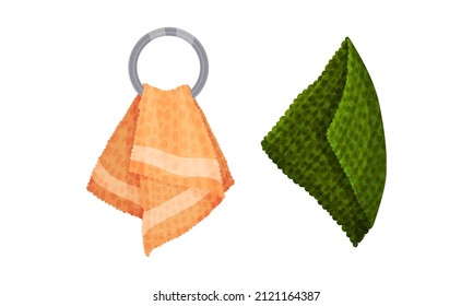 Bath towels set. Soft textile cloth for wiping hanging on hooks vector illustration