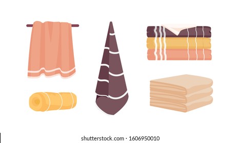 Bath towels vector illustrations set. Clean towels bundle isolated on white background. Domestic hygiene accessories, stacked rolled and hanging colorful hand towels. Household objects collection.