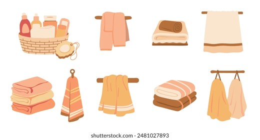 Bath towels vector illustrations set. Clean towels bundle isolated on white background. Bathroom Towels Set, Hygiene and Bath Accessories Vector Illustration. 