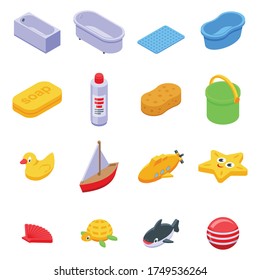 Juego de iconos de juguetes de baño. Conjunto isométrico de juguetes de baño iconos vectoriales para el diseño web aislados en fondo blanco