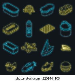Bath toys icons set. Isometric set of bath toys vector icons neon color on black