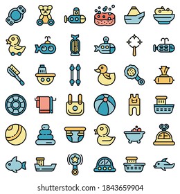 Bath toys icons set. Outline set of bath toys vector icons thin line color flat on white