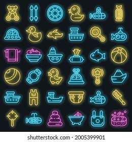 Bath toys icons set. Outline set of bath toys vector icons neon color on black