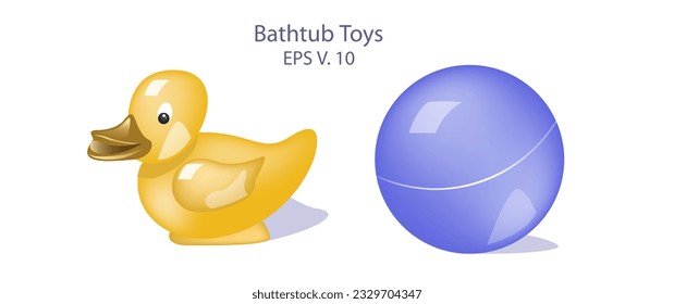 Bath toys vector illustration. Ball and duck toy. Plastic material toys for kids both boys and girls. kids playing products image. Premium games, pool games for children. 