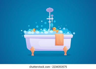 Badewanne, Schaumblase, Seife und Handtuch. Waschen Sie im Badezimmer, heißes Wasser in der Badewanne, süße gelbe Duschente, entspannen Sie sich. Metallhahn, stilvolles Vintage-Element. Vektorgrafik vor Kurzem