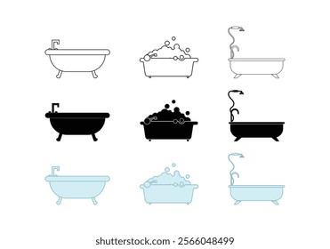 Bath tub icon set vector art. Bathtub with soap foam icon. Shower with bubbles vector illustration. Soapy water symbol. colorful Bathtub icons.