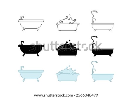 Bath tub icon set vector art. Bathtub with soap foam icon. Shower with bubbles vector illustration. Soapy water symbol. colorful Bathtub icons.