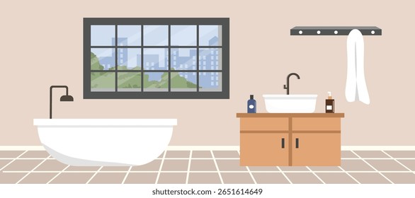 Ilustração da banheira. Banheiro de apartamento. Guarda-roupa. Banheiro. 