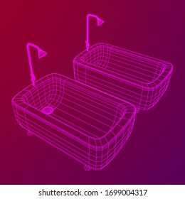 Bath tub with legs and shower. Sanitary concept. Wireframe low poly mesh vector illustration.