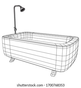 Bath tub with legs and shower. Sanitary concept. Wireframe low poly mesh vector illustration.