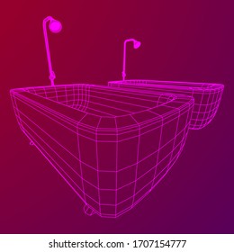 Bath tub with legs and shower. Sanitary concept. Wireframe low poly mesh vector illustration.