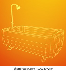 Bath tub with legs and shower. Sanitary concept. Wireframe low poly mesh vector illustration.