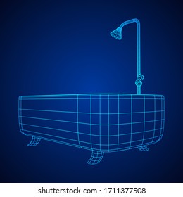 Bath tub with legs and shower. Sanitary concept. Wireframe low poly mesh vector illustration.