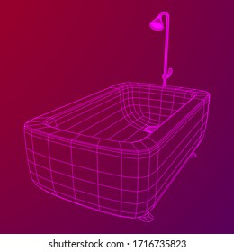 Bath tub with legs and shower. Sanitary concept. Wireframe low poly mesh vector illustration.