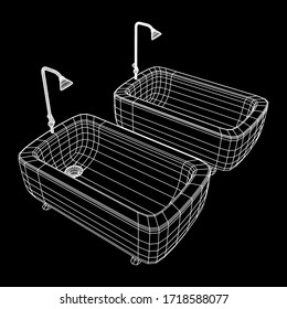 Bath tub with legs and shower. Sanitary concept. Wireframe low poly mesh vector illustration.