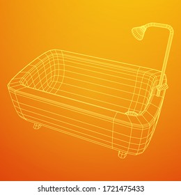 Bath tub with legs and shower. Sanitary concept. Wireframe low poly mesh vector illustration.