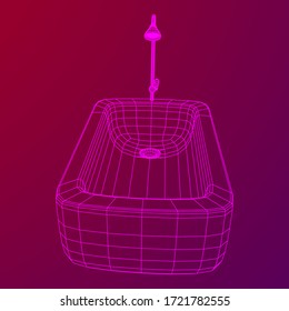 Bath tub with legs and shower. Sanitary concept. Wireframe low poly mesh vector illustration.