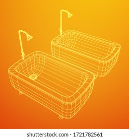 Bath tub with legs and shower. Sanitary concept. Wireframe low poly mesh vector illustration.