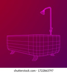 Bath tub with legs and shower. Sanitary concept. Wireframe low poly mesh vector illustration.