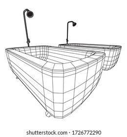 Bath tub with legs and shower. Sanitary concept. Wireframe low poly mesh vector illustration.