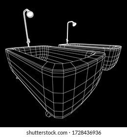 Bath tub with legs and shower. Sanitary concept. Wireframe low poly mesh vector illustration.