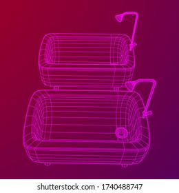 Bath tub with legs and shower. Sanitary concept. Wireframe low poly mesh vector illustration.