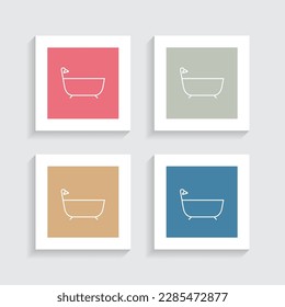 Bath Tub Line Icon in Four Color Square Shapes.