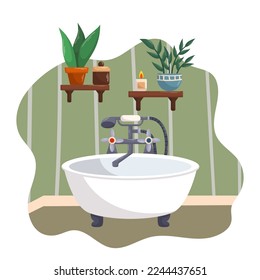 Bañera, moderno baño de diseño interior en casa o Apartamento con plantas en estanterías y velas. Equipamiento Cómodo Para El Baño, Procedimientos De Higiene Y Relajación. Ilustración del vector de dibujos animados