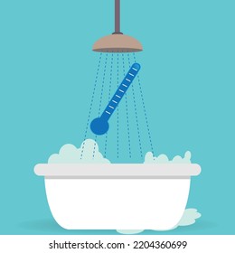 Bath tub with shower and thermometer, shower temperature concept