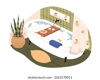 Bath tub with soap foam, water for home spa. Bathroom interior with bathtub, tray, candles, duck toy for relaxation. Cozy wash room for relaxing. Flat vector illustration isolated on white background