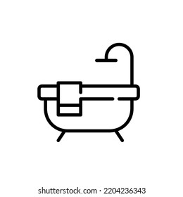 Bath tub with towel and shower. Pixel perfect, editable stroke icon