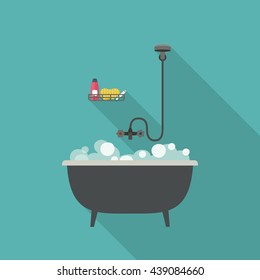 Bath vector illustration with long shadow. Flat banner of bathtub.