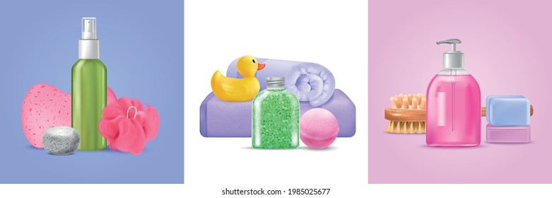 Bath wash design concept with hygiene and beauty symbols realistic isolated vector illustration