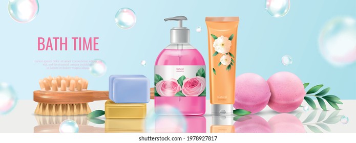 Bath wash design poster with soap and comb realistic vector illustration