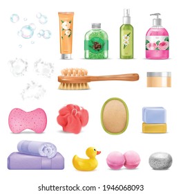 Bath wash realistic set with foam soap and brush isolated vector illustration