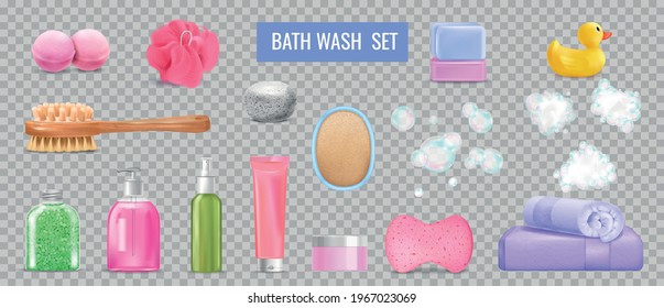 Bath wash transparent set with beauty symbols realistic isolated vector illustration