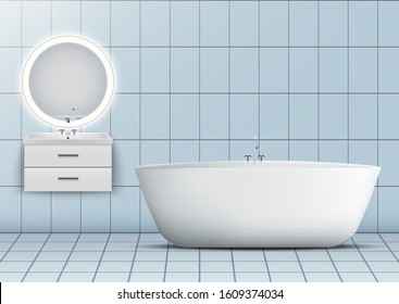 Bath and Washbasin cabinet with circle mirror and light. Domestic and hotel bathroom design Interior. White porcelain sink and wooden stand cabinet. Front view. Vector Illustration