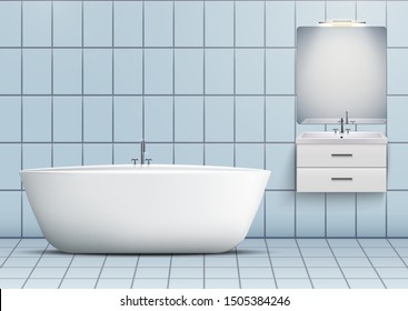 Bath and Washbasin cabinet with mirror and light. Domestic and hotel bathroom design Interior. White porcelain sink and wooden stand cabinet. Front view. Vector Illustration