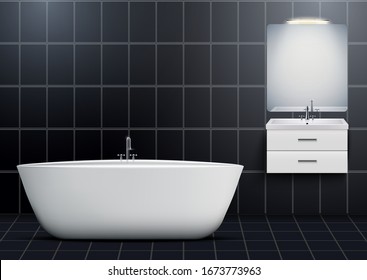 Bath and Washbasin cabinet with mirror and light. Dark Domestic and hotel bathroom design Interior. Bath and White porcelain sink and wooden stand cabinet. Vector Illustration