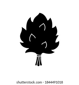 Bath whisk with leaves. Silhouette Sauna broom. Outline icon of classic accessory for Russian banya. Black simple illustration of bunch of branches. Flat isolated vector pictogram, white background