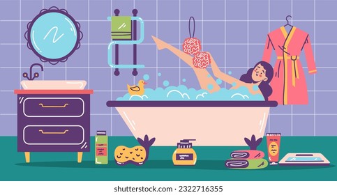 Bath woman relax bathroom concept. Vector design graphic illustration
